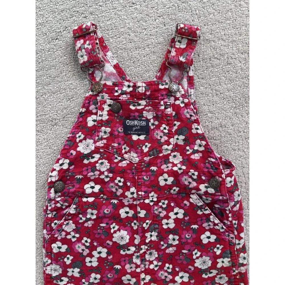 Oshkosh B’Gosh Vestbak Girl’s Red Corduroy Floral Overalls Cherry Blossom 18 Mo